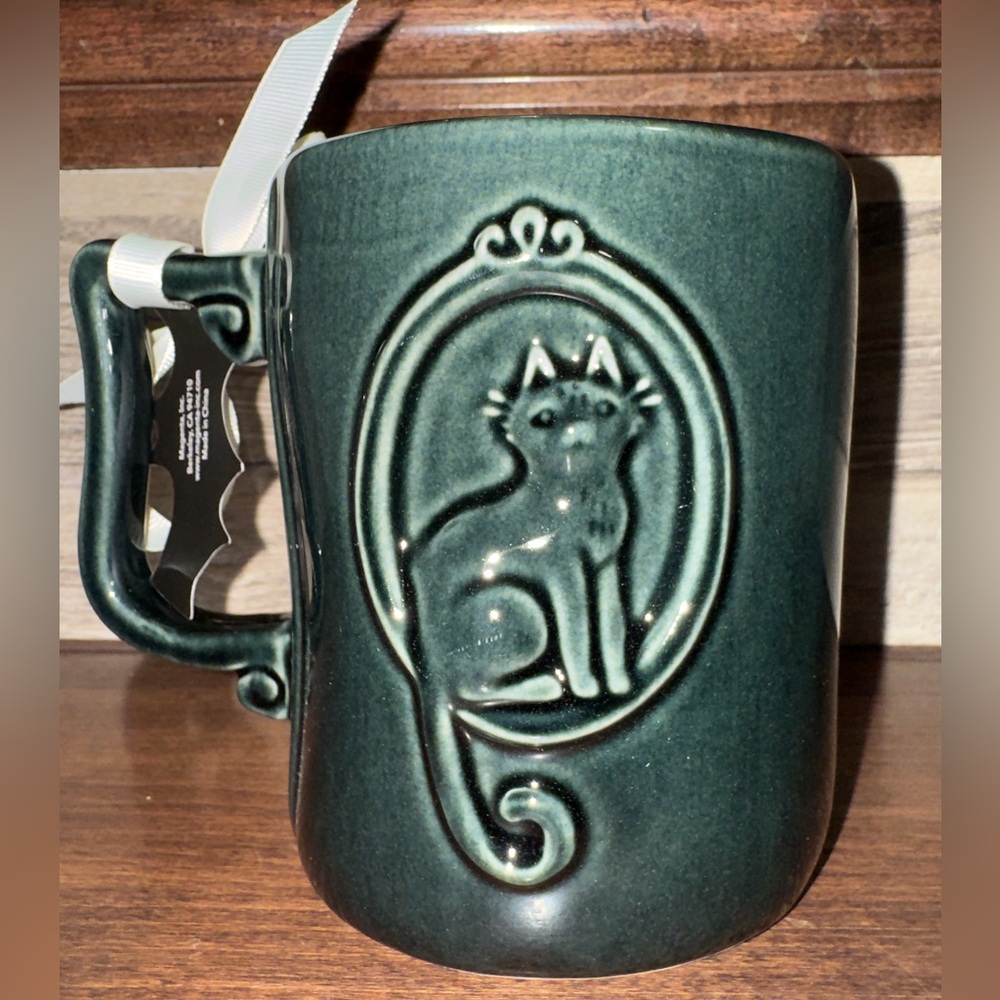 Cute 🥰 Rae Dunn Halloween Double Sided Black Cat “ THE WITCH IS IN” Ceramic Mug